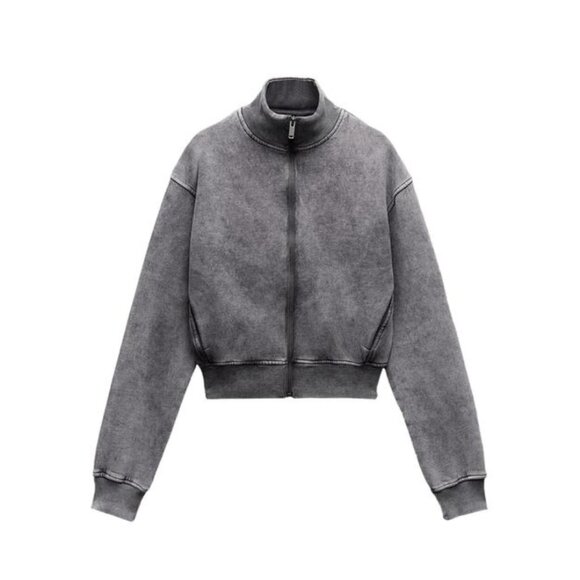 Zara WASHED EFFECT CROP BOMBER SWEATSHIRT - Picture 2 of 3